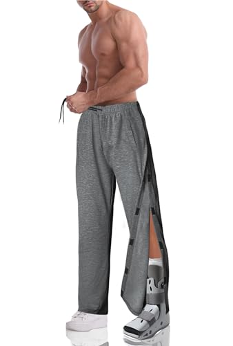 Men's Tearaway Pants for Post Surgery 2 Side Velcro Breakaway Open Bottom Sweatpants Women Loose Fit Rip Off Cotton Pants