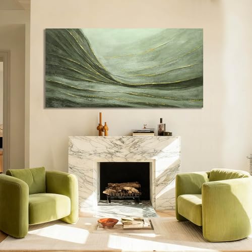 Green Abstract Canvas Wall Art with Gold Ginkgo Leaves and White Black Plum Blossom Accents Modern Nature Painting for Living Room Bedroom Office Contemporary Home Wall Decor