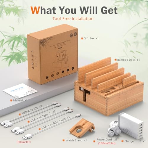 7 Slot Bamboo Charging Stations with USB Charger