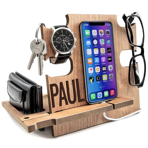 GRETAOTO Personalized Wood Phone Docking Station Gift for Men Bedside Nightstand Charging Station Organizer Mens Accessories Phone Stand Anniversary Birthday Gifts for Dad Him Husband