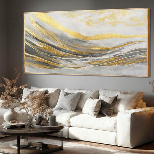 Gold Canvas Wall Art Framed Flowers Art Wave White Black Prints Waterfall Plum Blossoms Wall Decor Arts Artwork Pictures for Living Room Dining Room