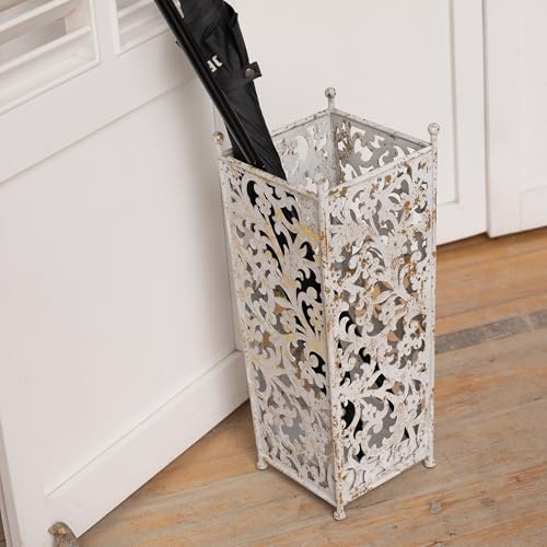 Vintage White Metal Umbrella Stand with Ornate Cutout Pattern Antique Decorative Umbrella Holder with Detachable Drip Tray for Entryway Storage Umbrellas Canes & Walking Sticks