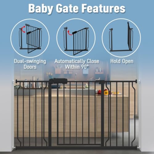 Extra Wide Pressure Mount Baby Gate Auto Close Metal Child Dog Pet Safety Gates with Walk Through for Stairs