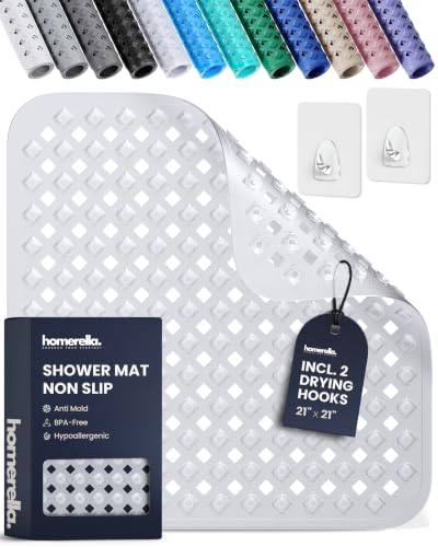 Shower Stall Mat Non Slip 21x21 Square Shower and Standing Bathtub Mat for Baby INCL. 2 Hooks for Storage Anti Slip Shower Mats with Suction Cups Soft on Feet Machine Washable Homerella
