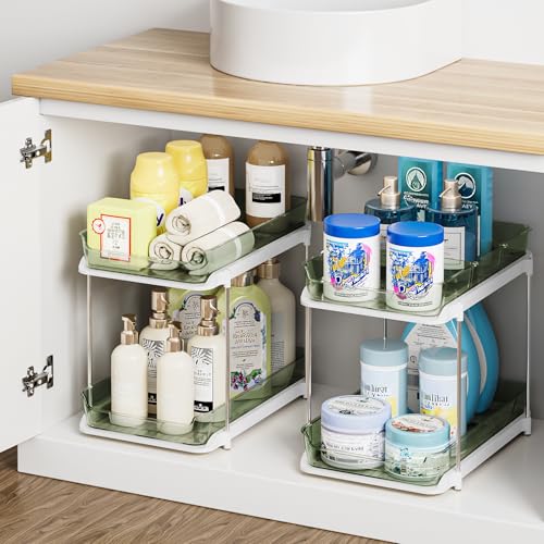 2-Tier Multi-Purpose Bathroom Under Sink Organizers and Storage, Stackable Kitchen Pantry Organization, Pull Out Medicine Cabinet Organizer with Movable Dividers