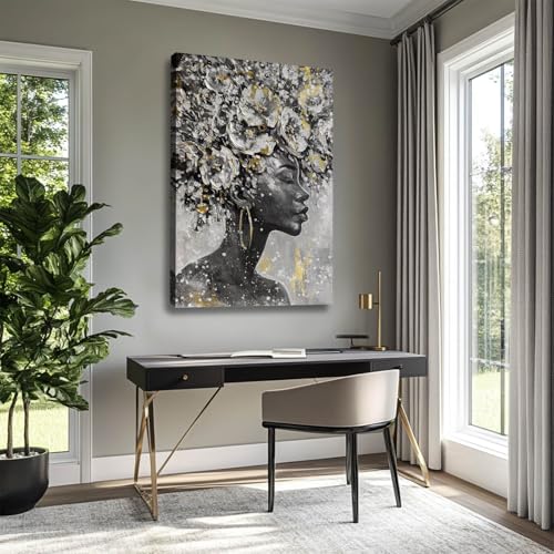 Black Woman Wall Art African American Canvas Animal Painting Cow Farmhouse Abstract Wall Decor Gray White Black Gold Modern Rustic Artwork for Living Room Bedroom Large Wall Art