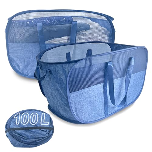 100L Extra Large Mesh Pop Up Laundry Hamper with Lid and Handles