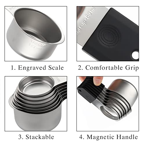 Magnetic Measuring Cups and Spoons Set Including 7 Heavy Duty Stainless Steel Measuring Cup 8 Double Sided Measuring Spoons with 1 Leveler for Dry and Liquid Ingredients