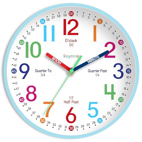 Wall Clock for Kids Learning to Tell Time Easily Clock Non Ticking Battery Operated Colorful Teaching Time Clock Decorative for Kids Room Classroom School