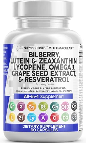 Clean Nutra Eye Vitamins with Bilberry Lutein and Zeaxanthin Supplements Lycopene 40mg Resveratrol Grape Seed Astaxanthin for Eyes