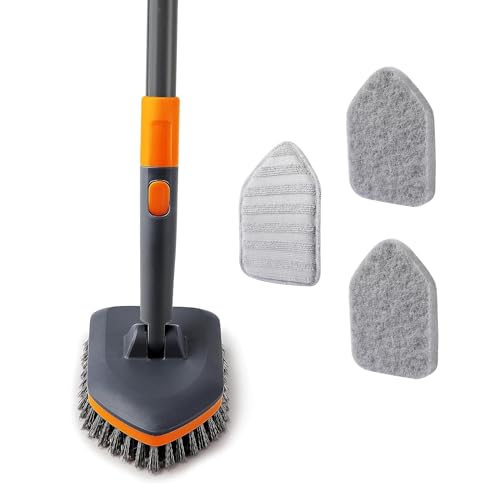 Tub Tile Scrubber Brush with 2 Different Function Cleaning Pads and 52" Extendable Long Handle