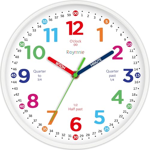 Wall Clock for Kids Learning to Tell Time Easily Clock Non Ticking Battery Operated Colorful Teaching Time Clock Decorative for Kids Room Classroom School