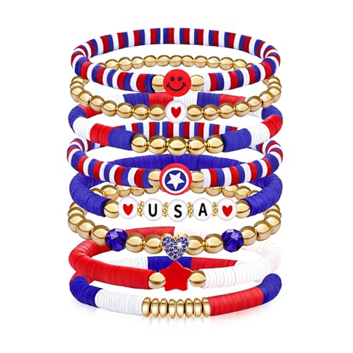 250 Anniversary USA Merchandise 4th of July Outfits for Women Men Teens Red White Blue Clay Beaded Stretch Bracelets USA Patriotic Jewelry 4th of July Accessories