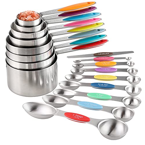 Measuring Cups Stainless Steel and Magnetic Measuring Spoons set Includes 8 Measuring Cups 9 Double Sided Magnetic Measuring Spoons and Leveler set for Dry and Liquid Ingredients