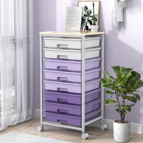 Rolling Cart with 8 Drawers and Wooden Tabletop