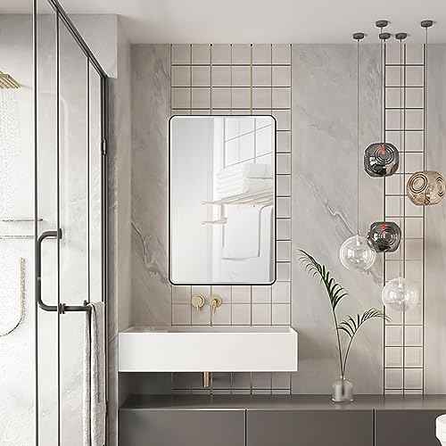 Black Bathroom Mirror Medicine Cabinet with Round Corner Framed Door and Beveled Edge Mirror