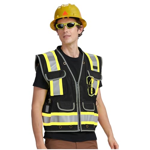 Heavy Woven cotton High Vis Reflective work construction safety vest for men Class 2 with ipad Cargo Back Pocket