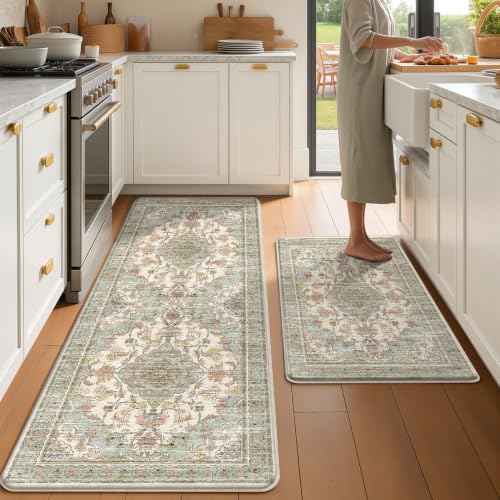 Boho Kitchen Mats for Floor 2 Piece Set Anti Fatigue Cushioned PVC Kitchen Rugs Non Slip Waterproof Farmhouse Mats 2