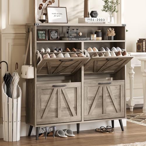 Shoe Cabinet with 2 Flip Drawers & Open Storage