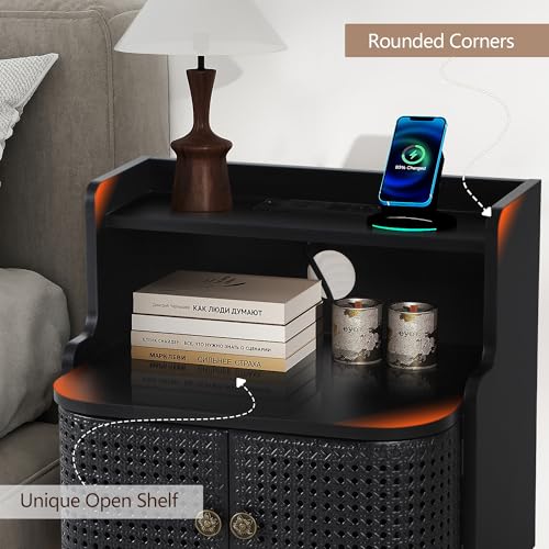 Metal Rattan Narrow End Table with Charging Station