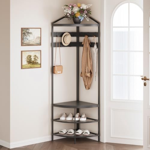 Corner Hall Tree with Shoe Bench Entryway Coat Rack with 10 Metal Movable Hooks Freestanding Clothes Rack Shoes Shelf Organizer for Home Office Bedroom