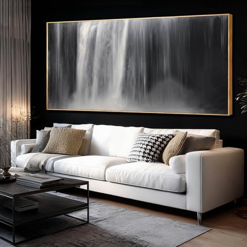 Gold Canvas Wall Art Framed Flowers Art Wave White Black Prints Waterfall Plum Blossoms Wall Decor Arts Artwork Pictures for Living Room Dining Room