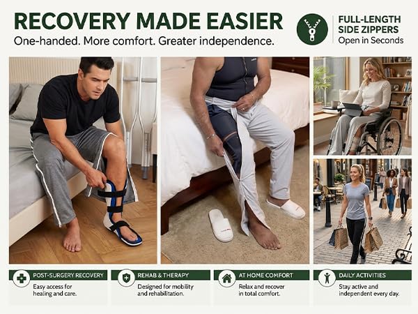 Unisex Tearaway Pants with 2 Side Zippers Snaps for Post Surgery Men Cotton Rip Off Breakaway Pant for Hip Replacement