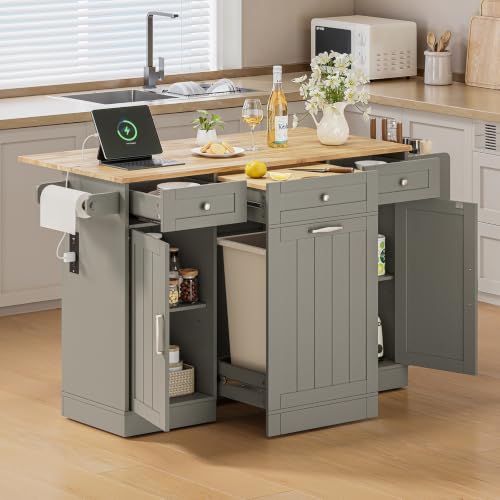 61" Kitchen Islands with Movable Wood Cutting Board & Trash Storage Cabinets