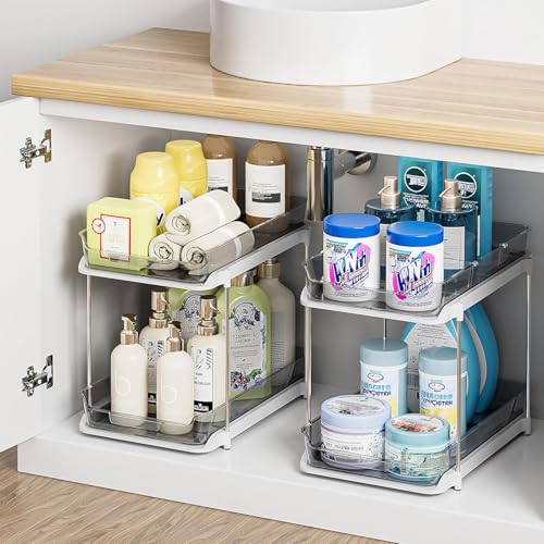 2-Tier Multi-Purpose Bathroom Under Sink Organizers and Storage, Stackable Kitchen Pantry Organization, Pull Out Medicine Cabinet Organizer with Movable Dividers