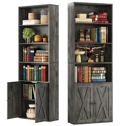 Industrial Bookshelves and Bookcases with Doors Set of 2 Floor Standing 6 Shelf Display Storage Shelves 70 in Tall Bookcase for Home Office