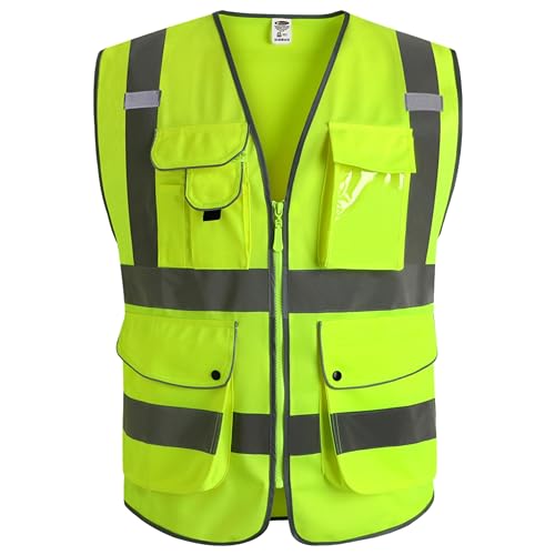9 Pockets Class 2 High Visibility Zipper Front Safety Vest With Reflective Strips Meets ANSI
