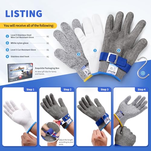 Cut Resistant Gloves Food Grade & Stainless Steel Mesh for Oyster Shucking Butcher Kitchen Meat and Fish Slicing