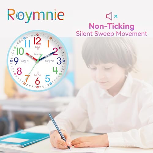 Wall Clock for Kids Learning to Tell Time Easily Clock Non Ticking Battery Operated Colorful Teaching Time Clock Decorative for Kids Room Classroom School