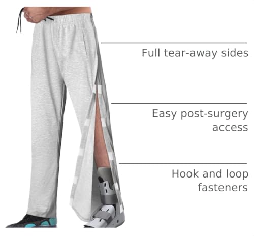 Men's Tearaway Pants for Post Surgery 2 Side Velcro Breakaway Open Bottom Sweatpants Women Loose Fit Rip Off Cotton Pants