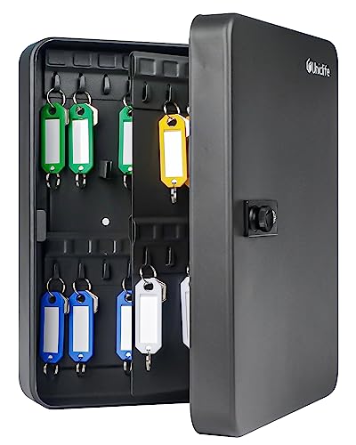 28 Key Steel Key Cabinet with Combination Lock Wall Mounted Key Organizer with Resettable Code Black Digital Security Box with Hooks and Large Key Tag Labels Identifiers in 5 Assorted Colors