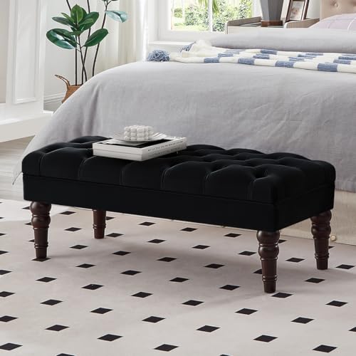 Velvet Upholstered Buttons Tufted Entryway Bench with Solid Wood Leg