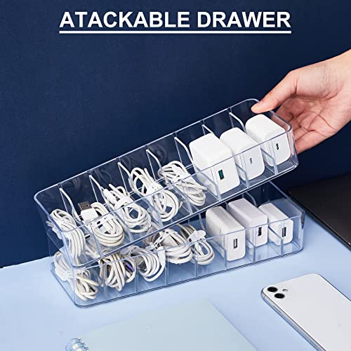 Cable Organizer Box with Wire Ties Cord Storage Charger Box Plastic Electronics Organizer with 8 Removable Divider Cable Storage for Office Home Desk Accessories