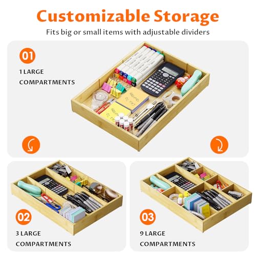 Bamboo Desk Drawer Organizer with Removable Dividers