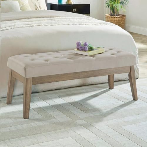 Velvet Upholstered Buttons Tufted Entryway Bench with Solid Wood Leg