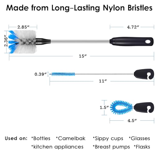 3-in-1 Stainless Steel Water Bottle Brush Set, Multi-Purpose Brush with Long Handle, Cleans Bottles, Mugs and More