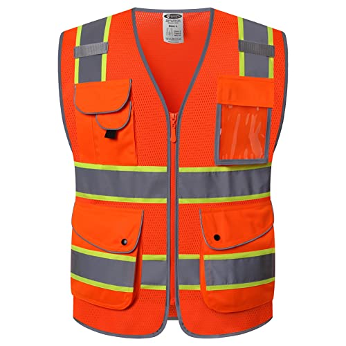 9 Pockets Class 2 High Visibility Zipper Front Safety Vest With Reflective Strips Meets ANSI