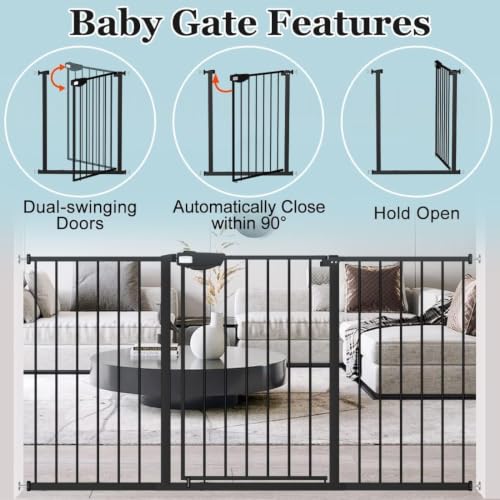Triple Lock Baby Gate Extra Wide Pressure Mounted Walk Through Swing Auto Close Safety Black Metal Dog Pet Puppy for Stairs