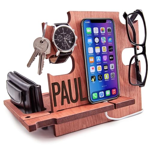 GRETAOTO Personalized Wood Phone Docking Station Gift for Men Bedside Nightstand Charging Station Organizer Mens Accessories Phone Stand Anniversary Birthday Gifts for Dad Him Husband