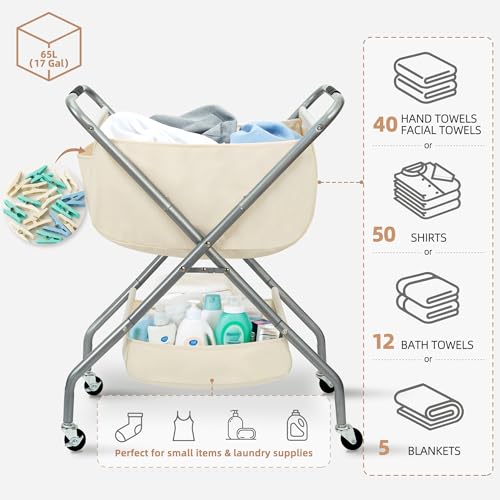 Collapsible Laundry Cart with Wheels Rolling Laundry Hamper Clothes Basket with Wheels