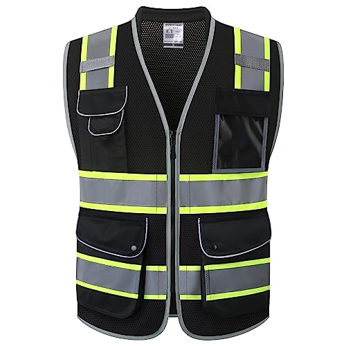 9 Pockets Class 2 High Visibility Zipper Front Safety Vest With Reflective Strips Meets ANSI