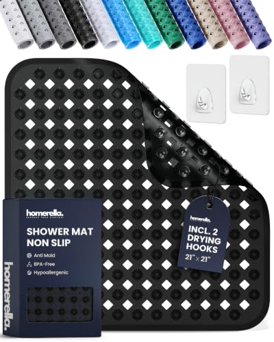 Shower Stall Mat Non Slip 21x21 Square Shower and Standing Bathtub Mat for Baby INCL. 2 Hooks for Storage Anti Slip Shower Mats with Suction Cups Soft on Feet Machine Washable Homerella