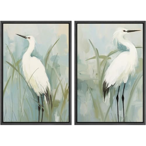 Framed Canvas Print Wall Art White Heron Pair in Marsh Coastal Illustrations Modern Art Decorative Bohemian Colorful for Living Room