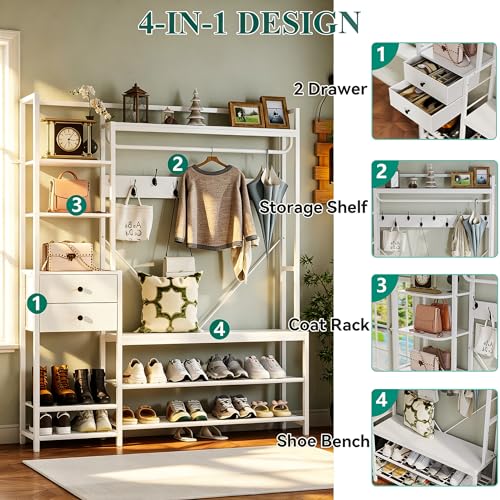 7-in-1 Hall Tree with Bench and Shoe Storage, 55" Entryway Bench Coat Rack