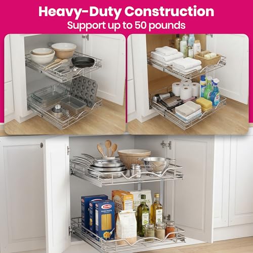 2-Tier Pull-Out Cabinet Organizer with Heavy-Duty Steel Frame, Full-Extension Sliding Shelves, Holds 100 lbs, Easy Install for Kitchen, Pantry & Under Sink Cabinets