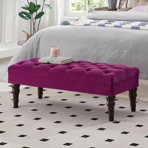 Velvet Upholstered Buttons Tufted Entryway Bench with Solid Wood Leg